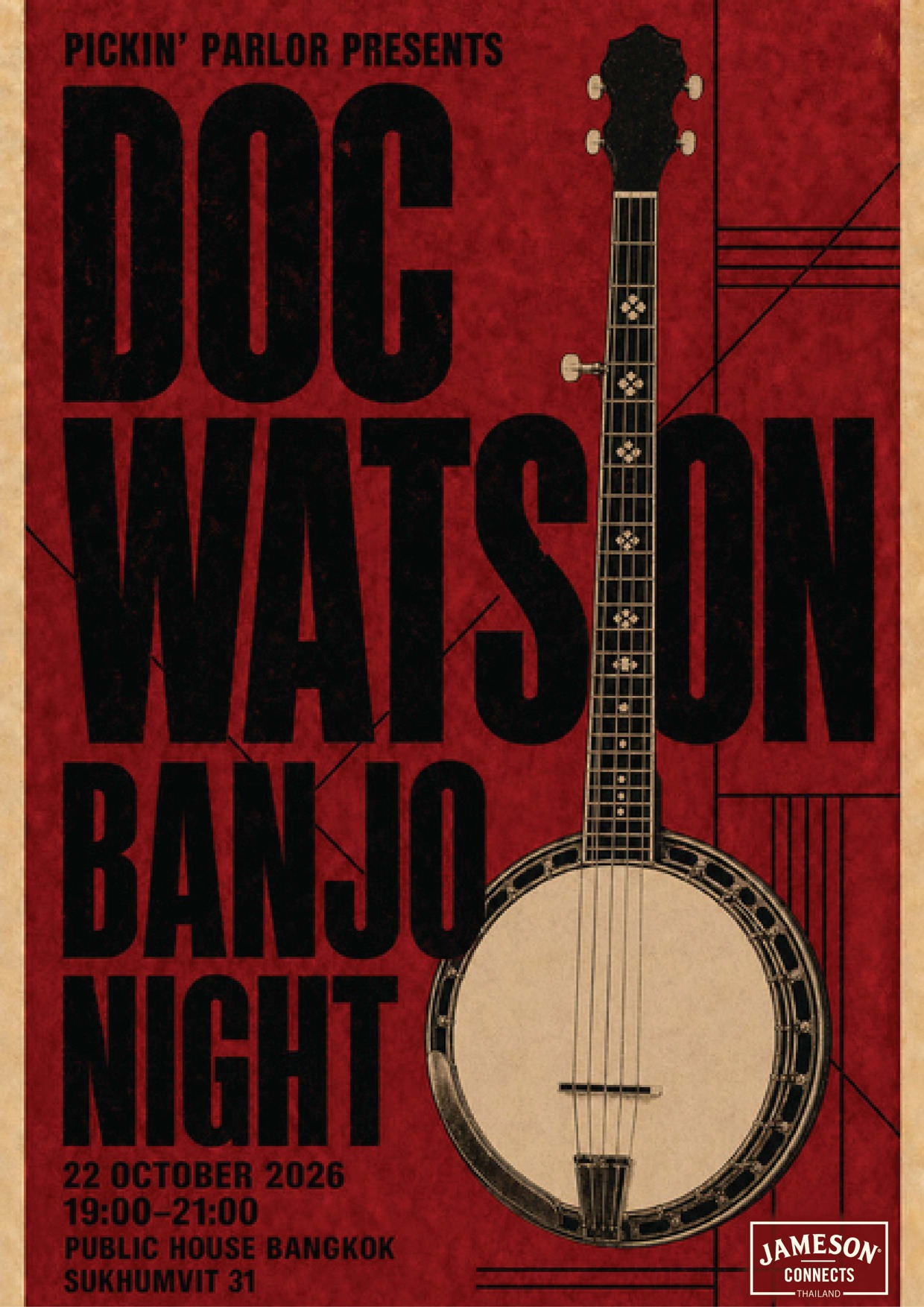 Pickin’ Parlour Banjo Night poster with Jameson Connects Thailand logo